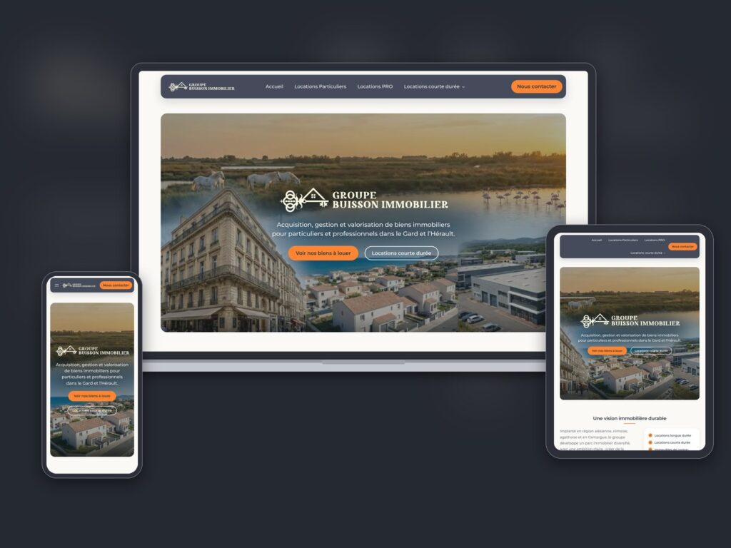 Site GB Immobilier, page d’accueil sur ordinateur, tablette et mobile