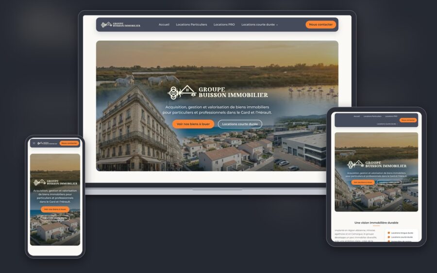 Site GB Immobilier, page d’accueil sur ordinateur, tablette et mobile