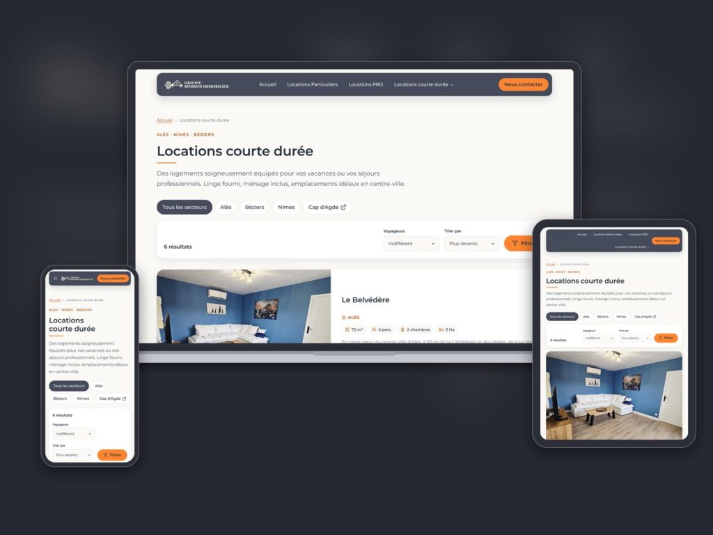 Site GB Immobilier, liste des locations courte durée sur ordinateur, tablette et mobile