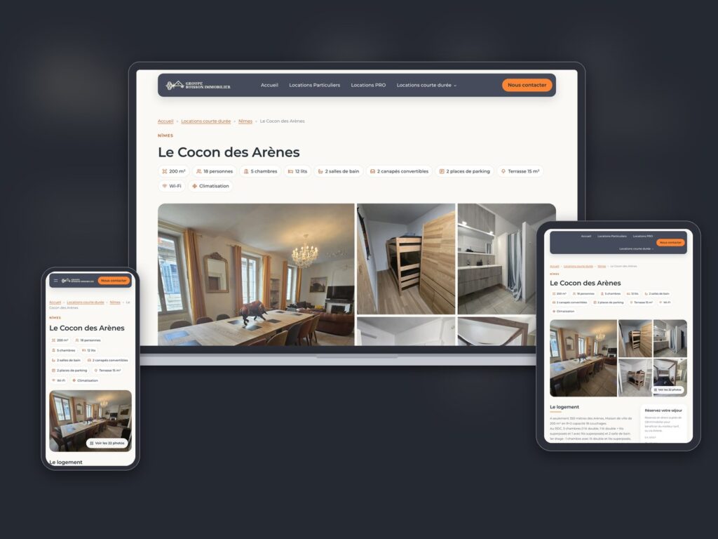 Site GB Immobilier, fiche d’un logement en courte durée sur ordinateur, tablette et mobile