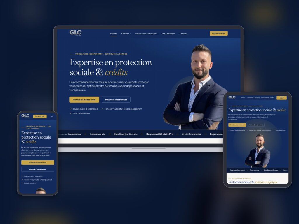 Site GLC Courtage, page d’accueil sur ordinateur, tablette et mobile
