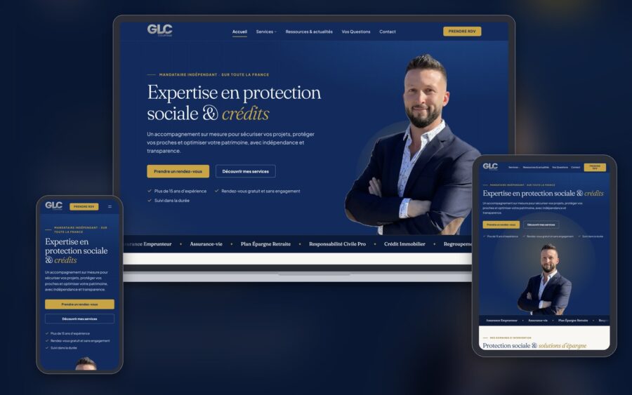 Site GLC Courtage, page d’accueil sur ordinateur, tablette et mobile