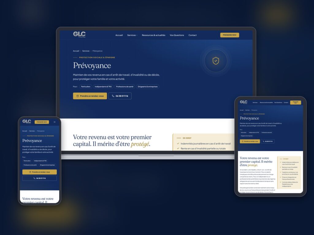 Site GLC Courtage, page Prévoyance sur ordinateur, tablette et mobile