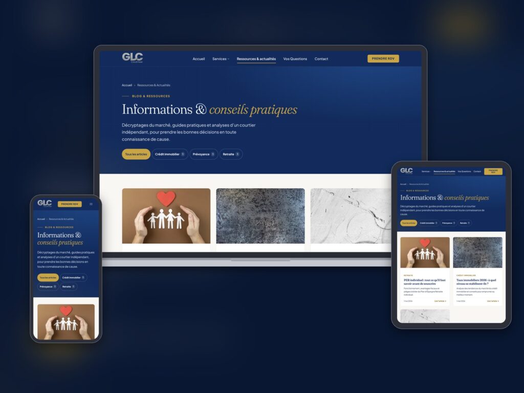 Site GLC Courtage, page Ressources & actualités sur ordinateur, tablette et mobile